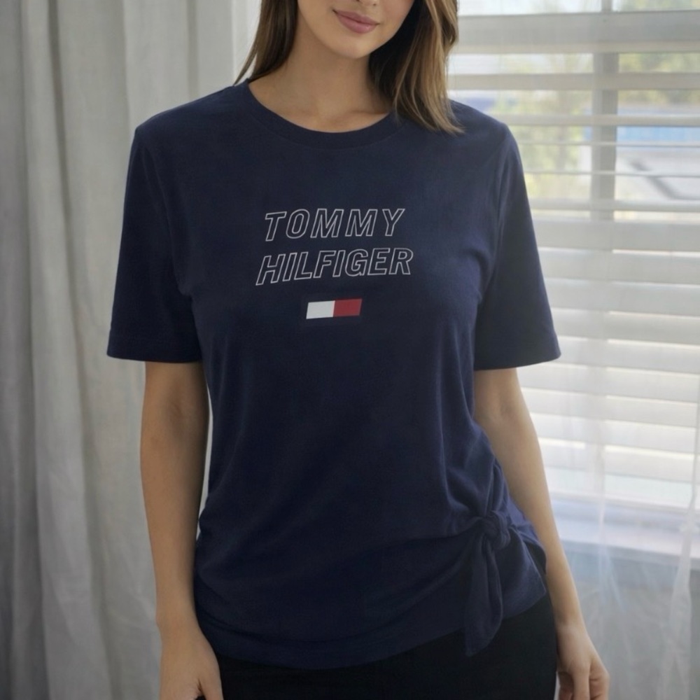 Tommy Hilfiger Navy Short-Sleeve Logo Tee with Side Tie